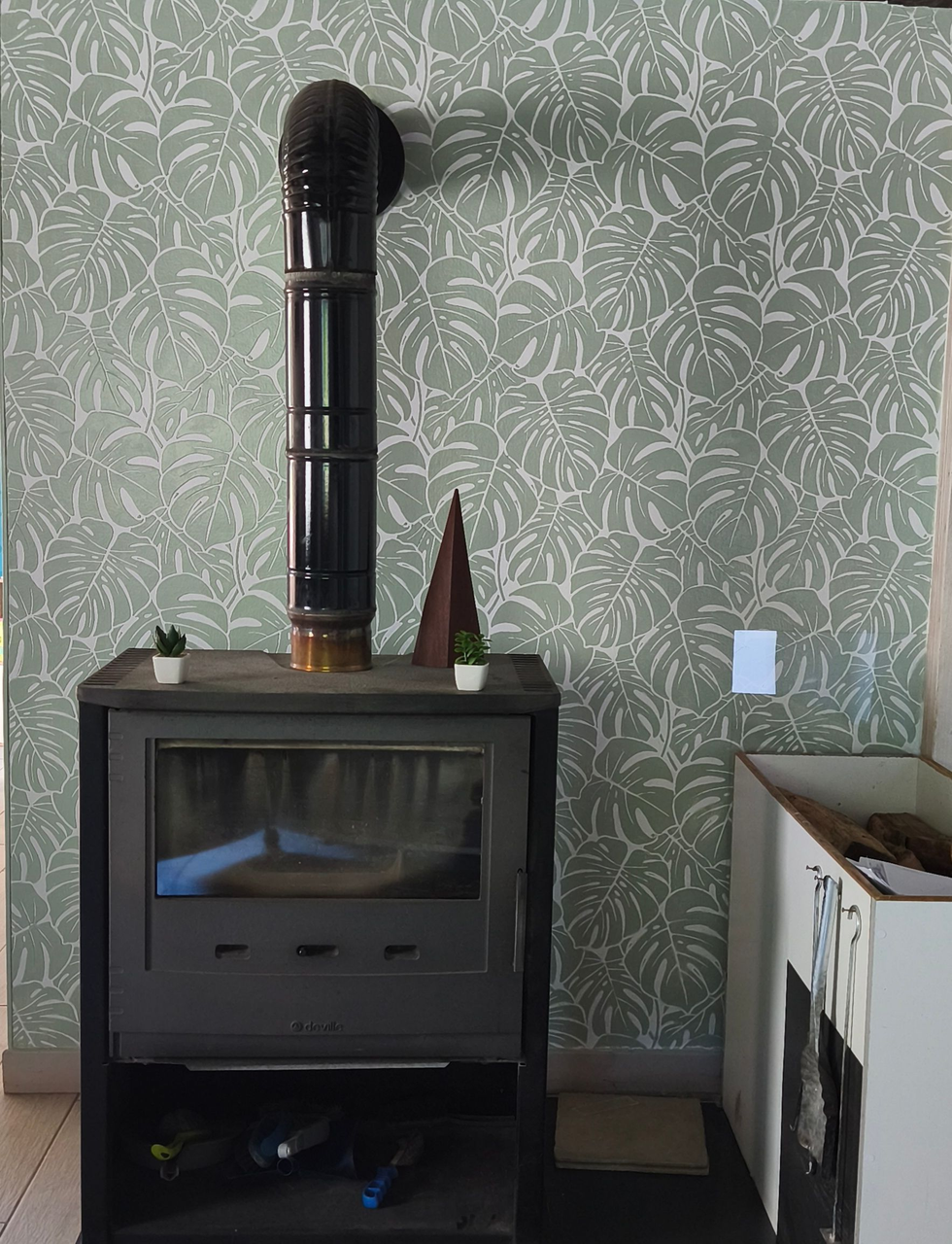 Poêle à bois avec tapisserie à l'arrière
