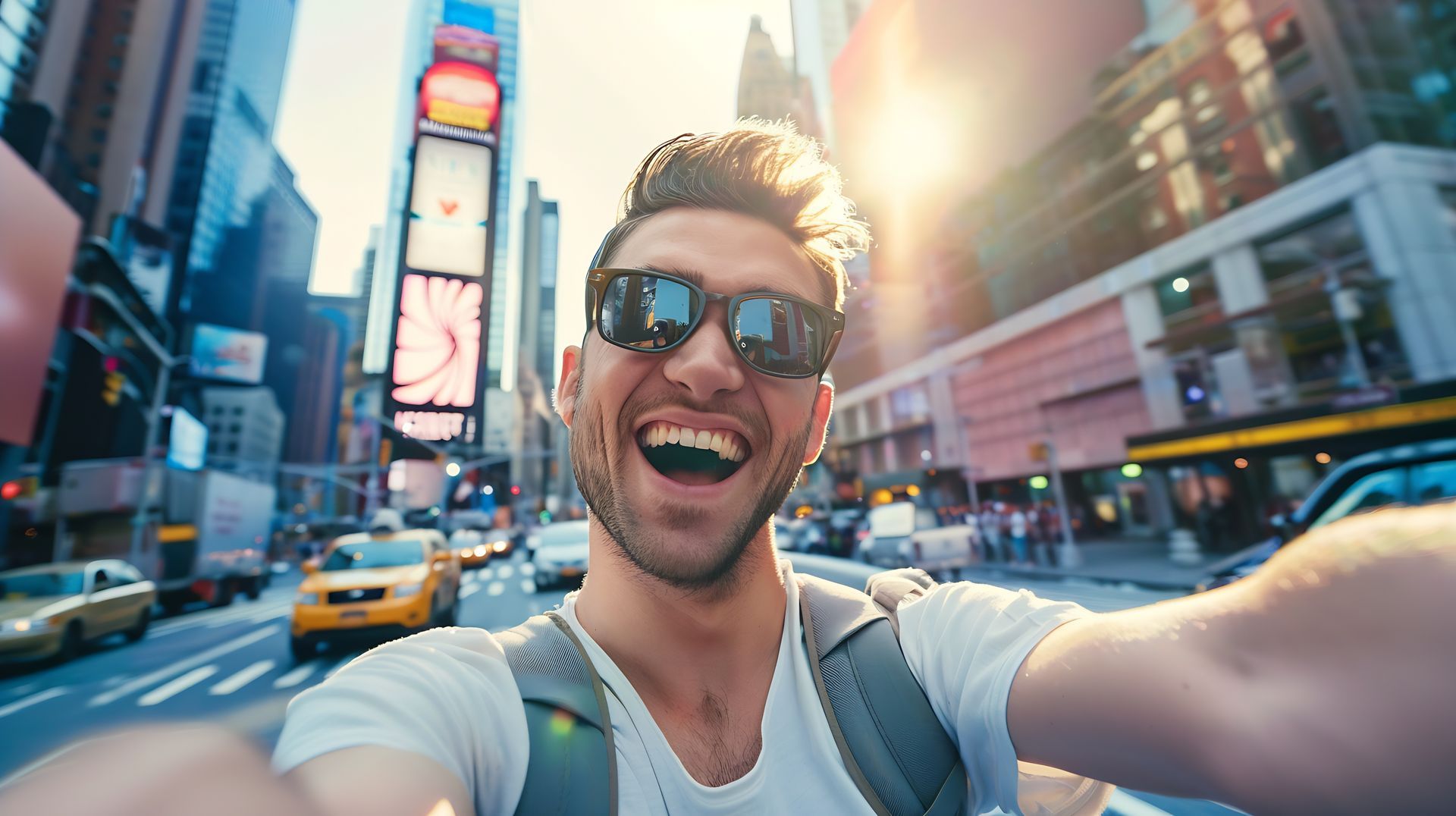 Voyageur prenant un selfie devant le Time Square à New York
