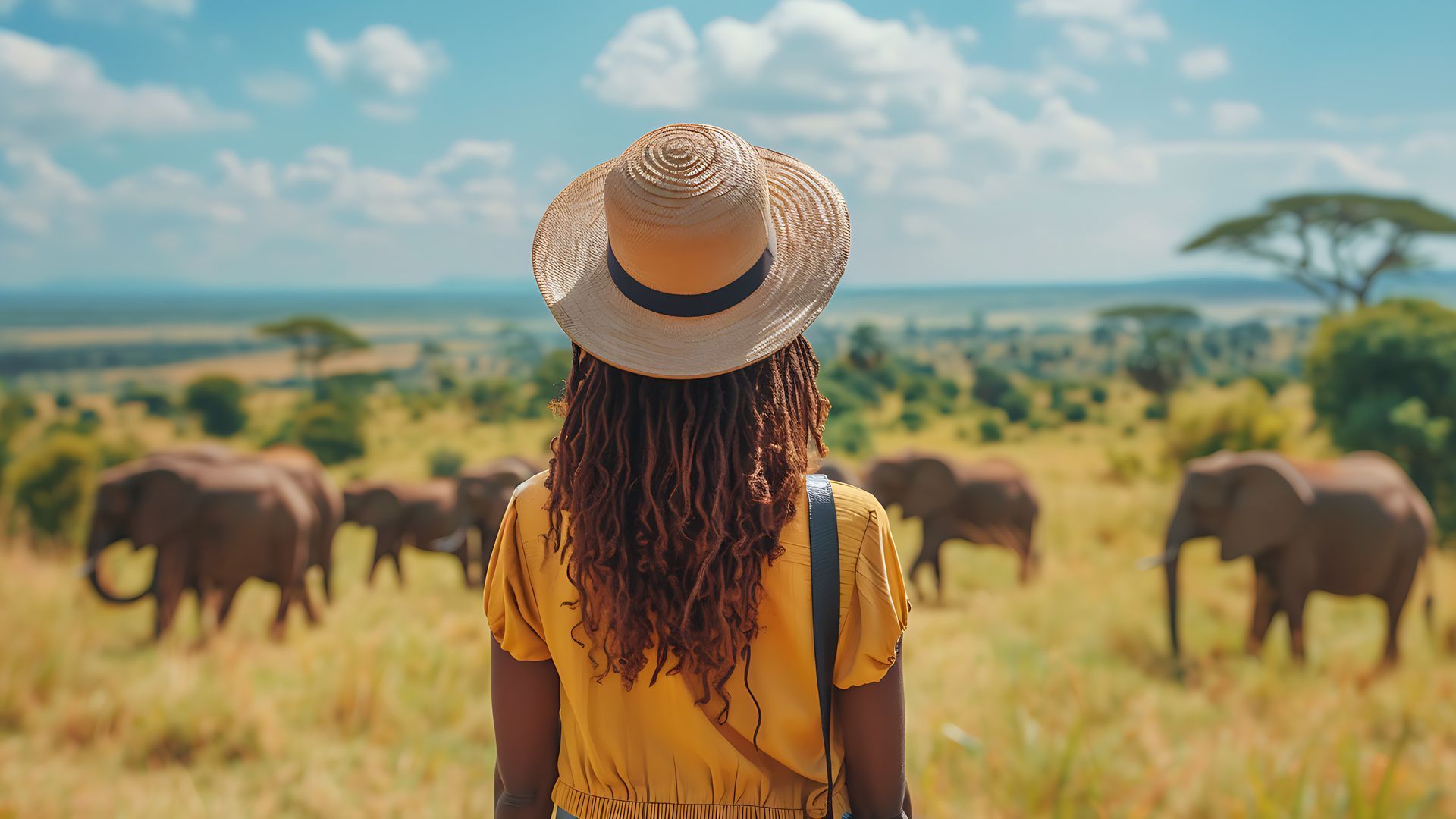 Touriste en safari  admirant un troupeau d'éléphants