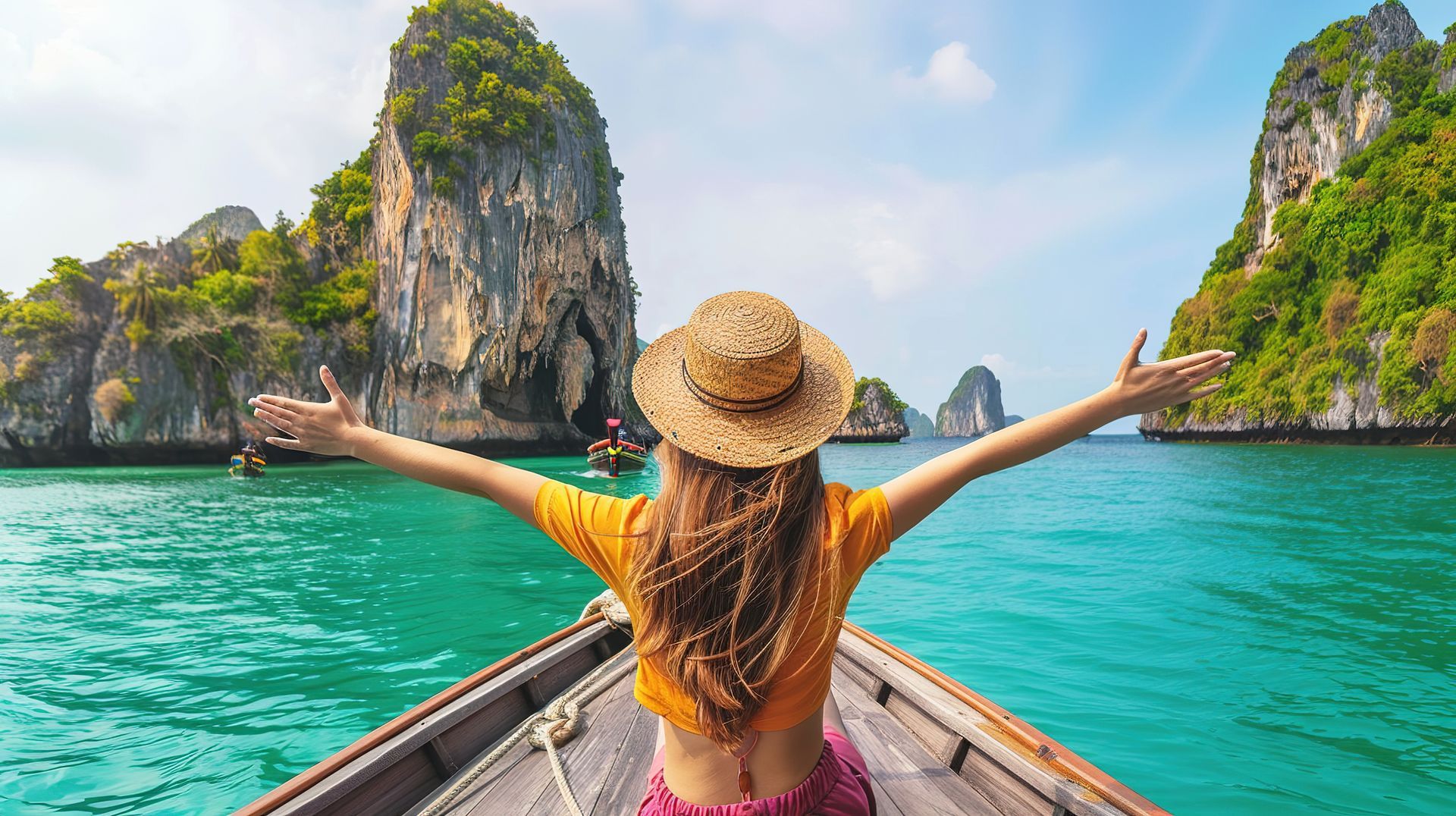Voyageuse sur une barque écartant les bras