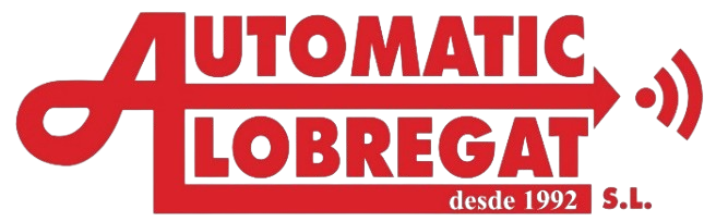 Logotipo rojo de Automatic Llobregat, con icono de se&ntilde;al inal&aacute;mbrica.