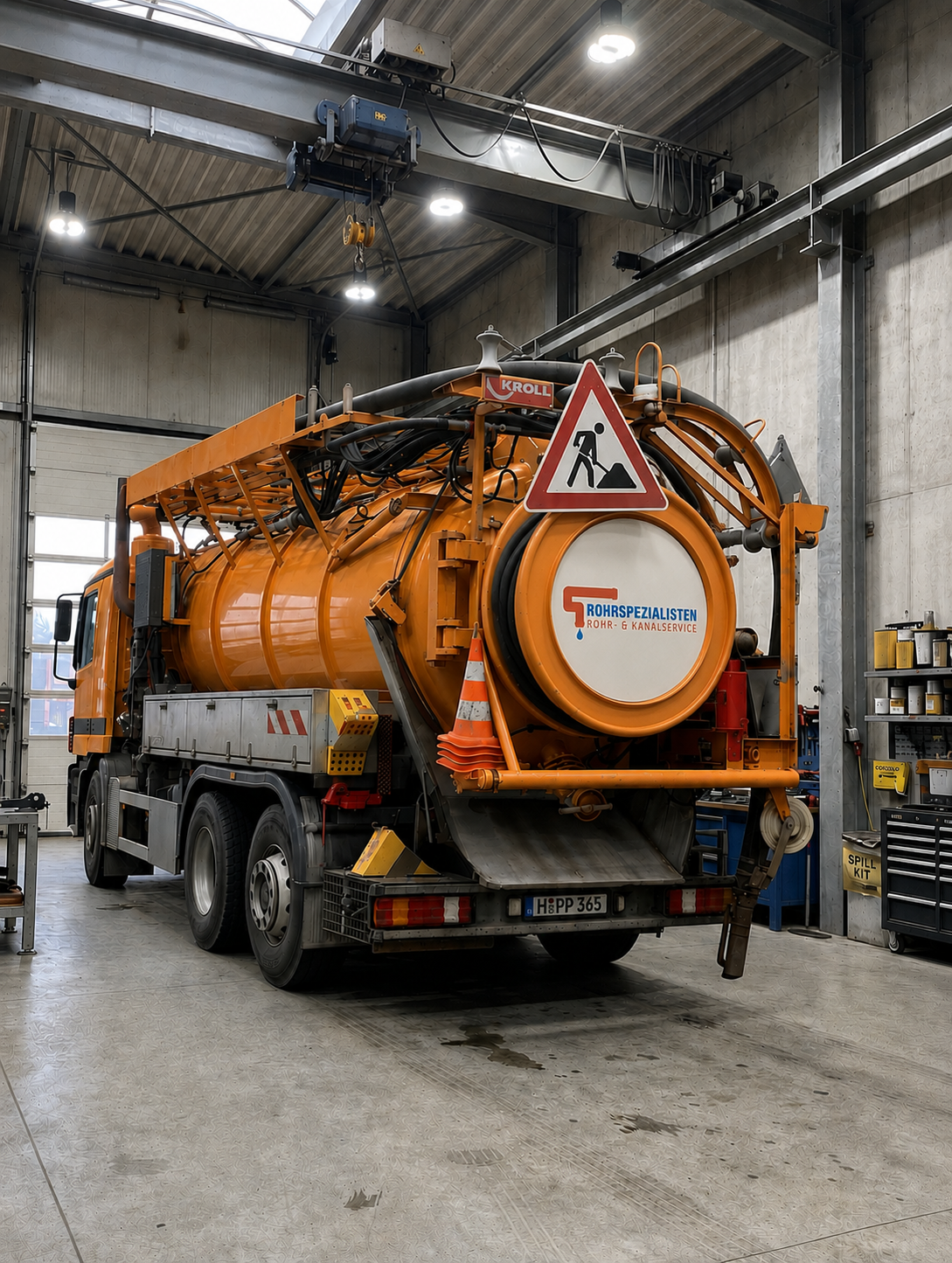 Oranger Industriesaugwagen in einer Lagerhalle, Rückansicht mit Warnschild und Schläuchen.