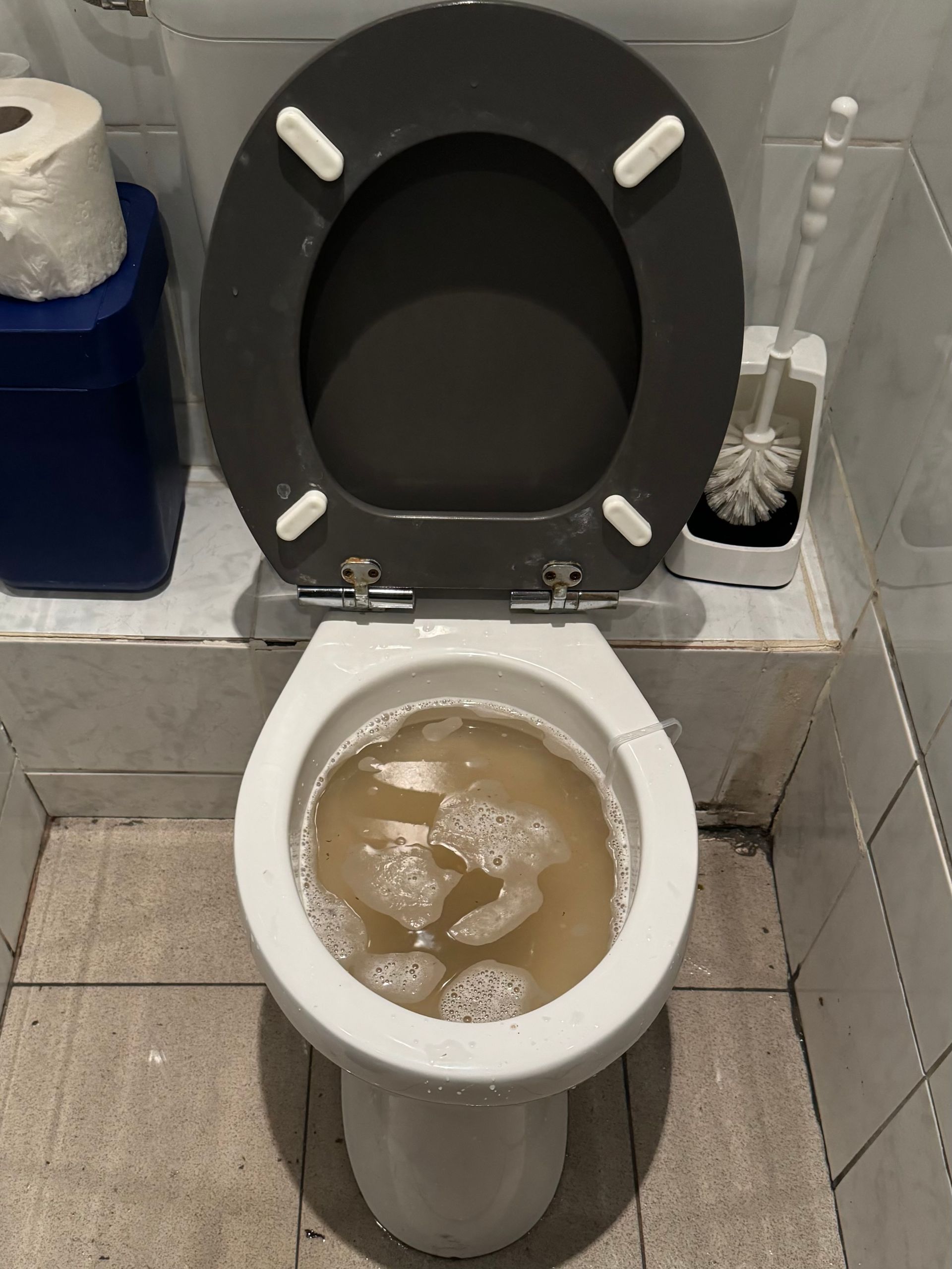 Schmutzige Toilette mit offenem, schwarzem Sitz und braunem Wasser in einem gefliesten Badezimmer