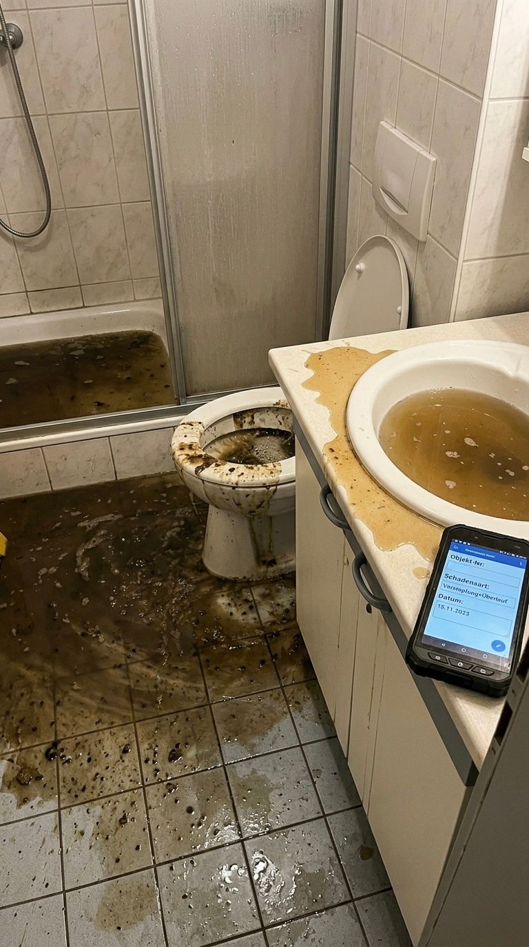 Schmutziges Badezimmer mit überlaufender Toilette, braunem Wasser im Waschbecken und einem Telefon auf der Ablage.