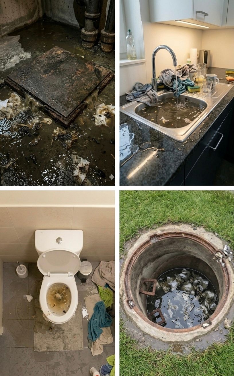 Vierteilige Collage der Schäden durch Abwasser-Rückstau: nasser Boden, schmutziges Waschbecken, verstopfte Toilette und überfluteter Abfluss.