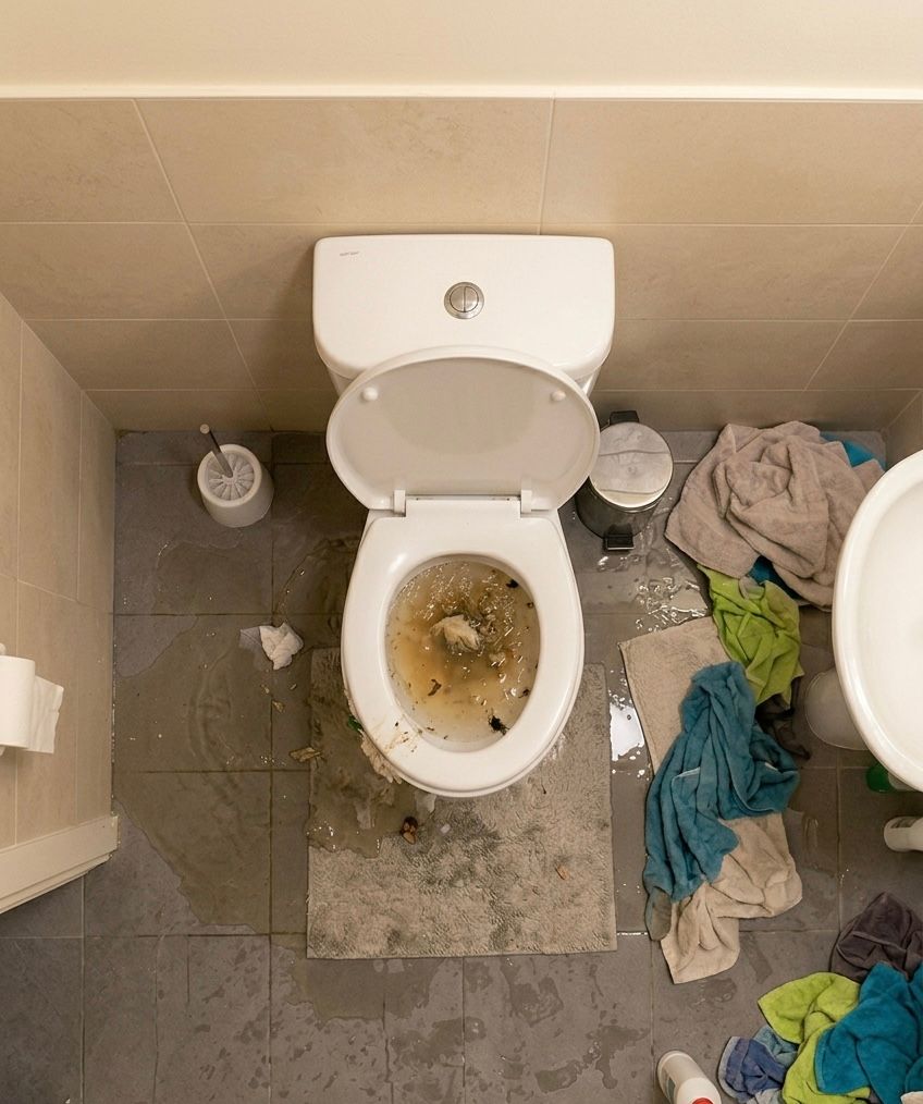 Schmutziges Badezimmer mit offener Toilette, nassem Boden und daneben aufgestapelter Kleidung.