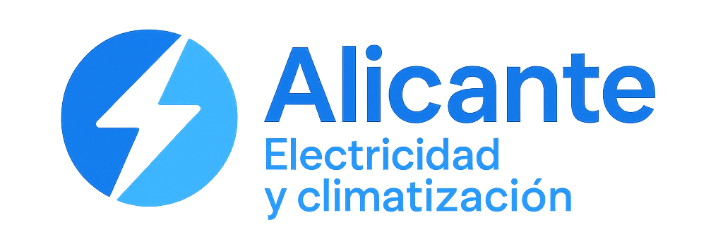 Logo for Alicante, featuring a blue lightning bolt within a blue circle, with text "Alicante Electricidad y climatización".