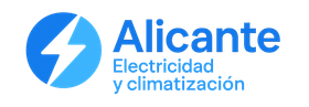 Logo for Alicante, featuring a blue lightning bolt within a blue circle, with text "Alicante Electricidad y climatización".