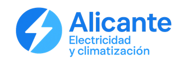 Logo for Alicante, featuring a blue lightning bolt within a blue circle, with text "Alicante Electricidad y climatización".