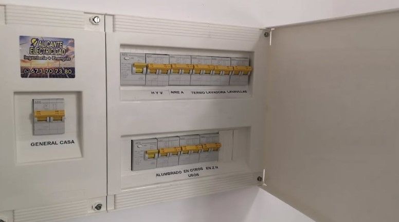Panel eléctrico blanco con múltiples disyuntores, puerta abierta a la derecha.