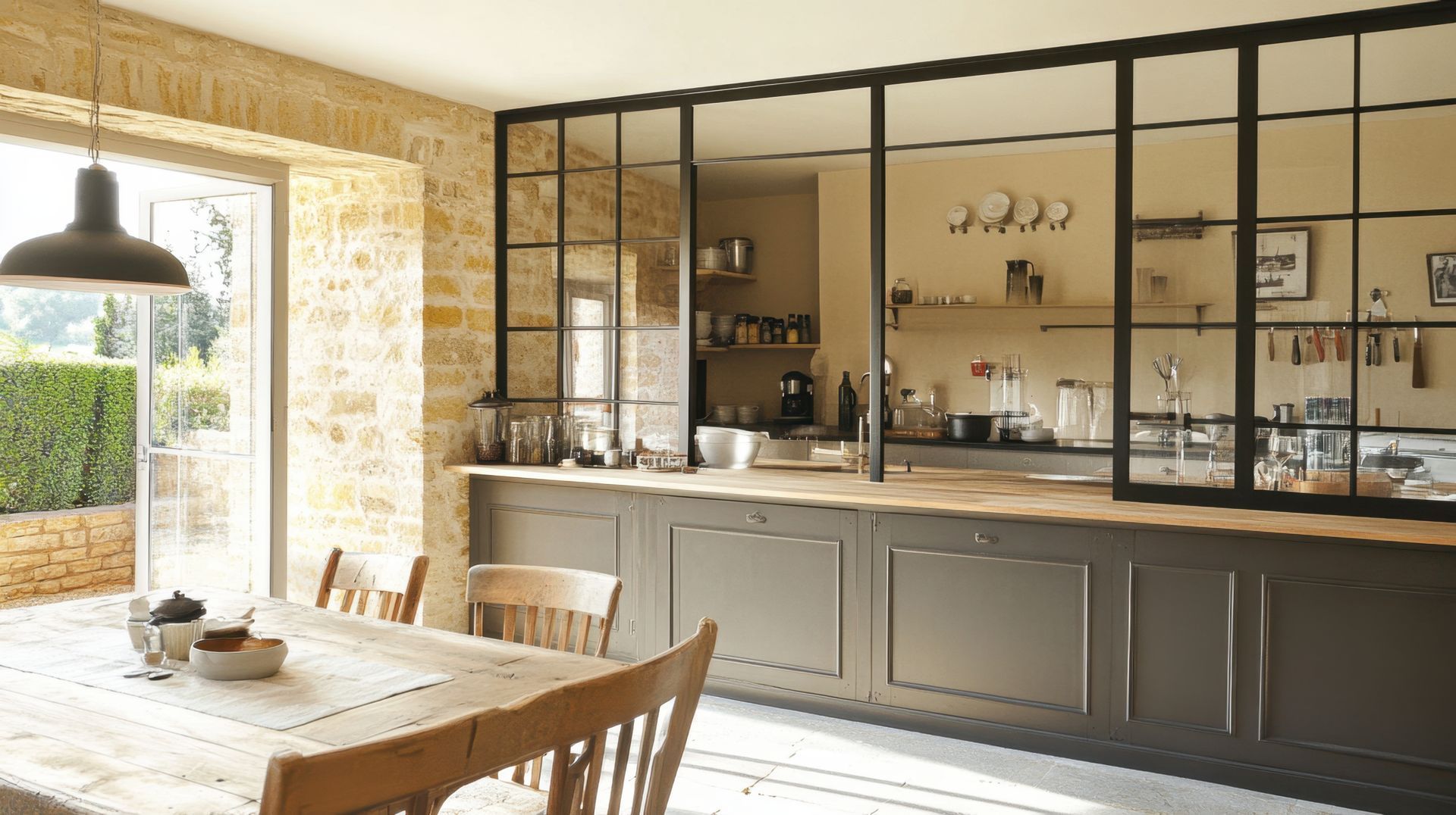 Cuisine lumineuse avec des cloisons vitrées à cadre noir, une table blanche et la lumière du soleil qui inonde la pièce à travers de grandes fenêtres.