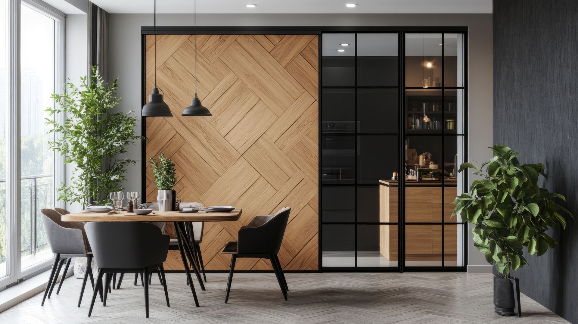 Salle à manger moderne avec un mur d’accent en bois, une cloison en verre noir, une table ronde et des plantes d’intérieur.