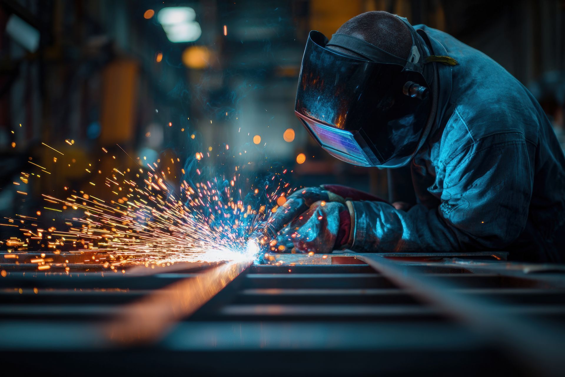 Des étincelles jaillissent tandis qu’un soudeur travaille une surface métallique dans un atelier industriel sombre.