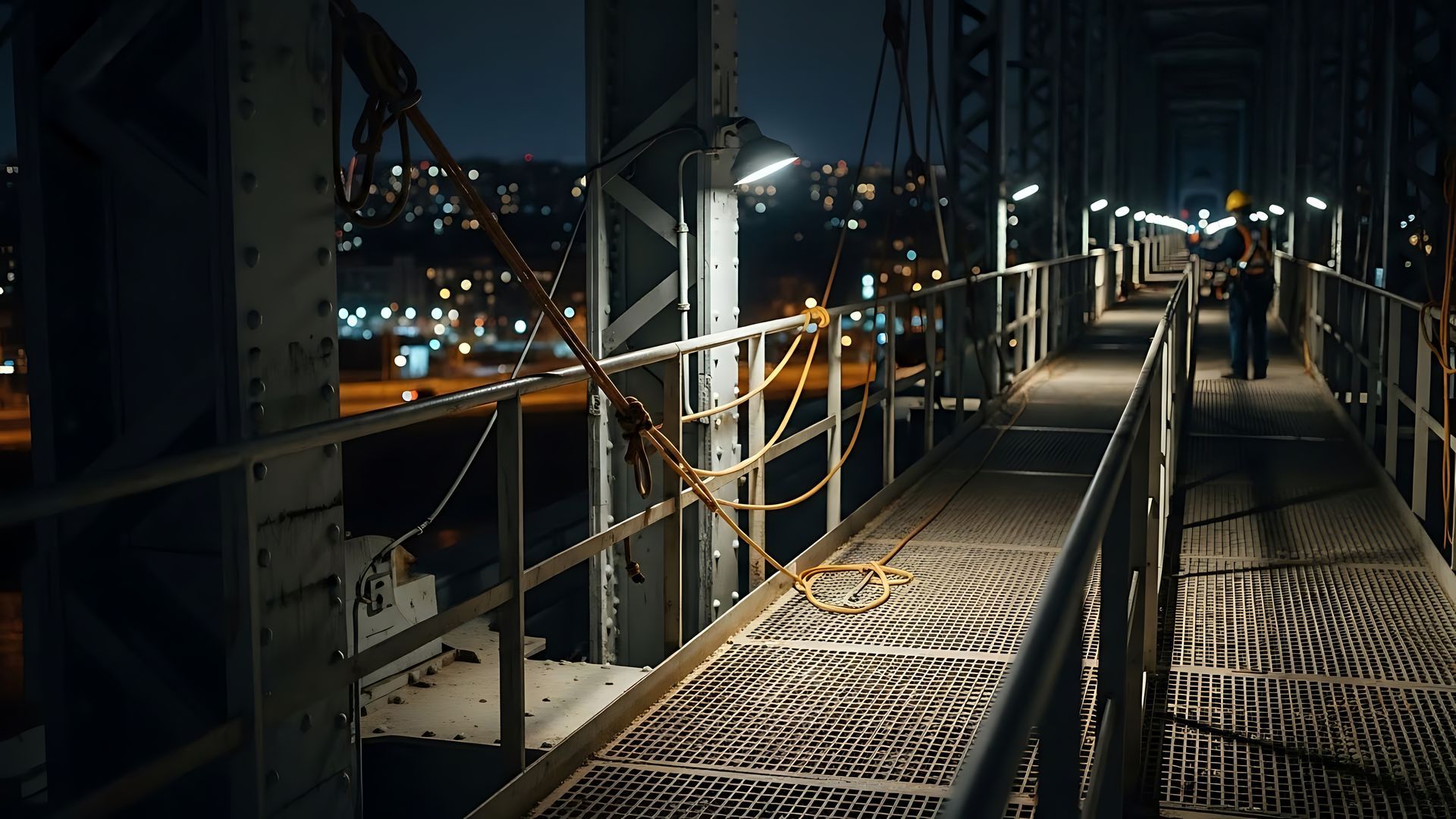 Passerelle métallique de nuit sur une structure industrielle, avec des garde-corps et les lumières de la ville en arrière-plan.
