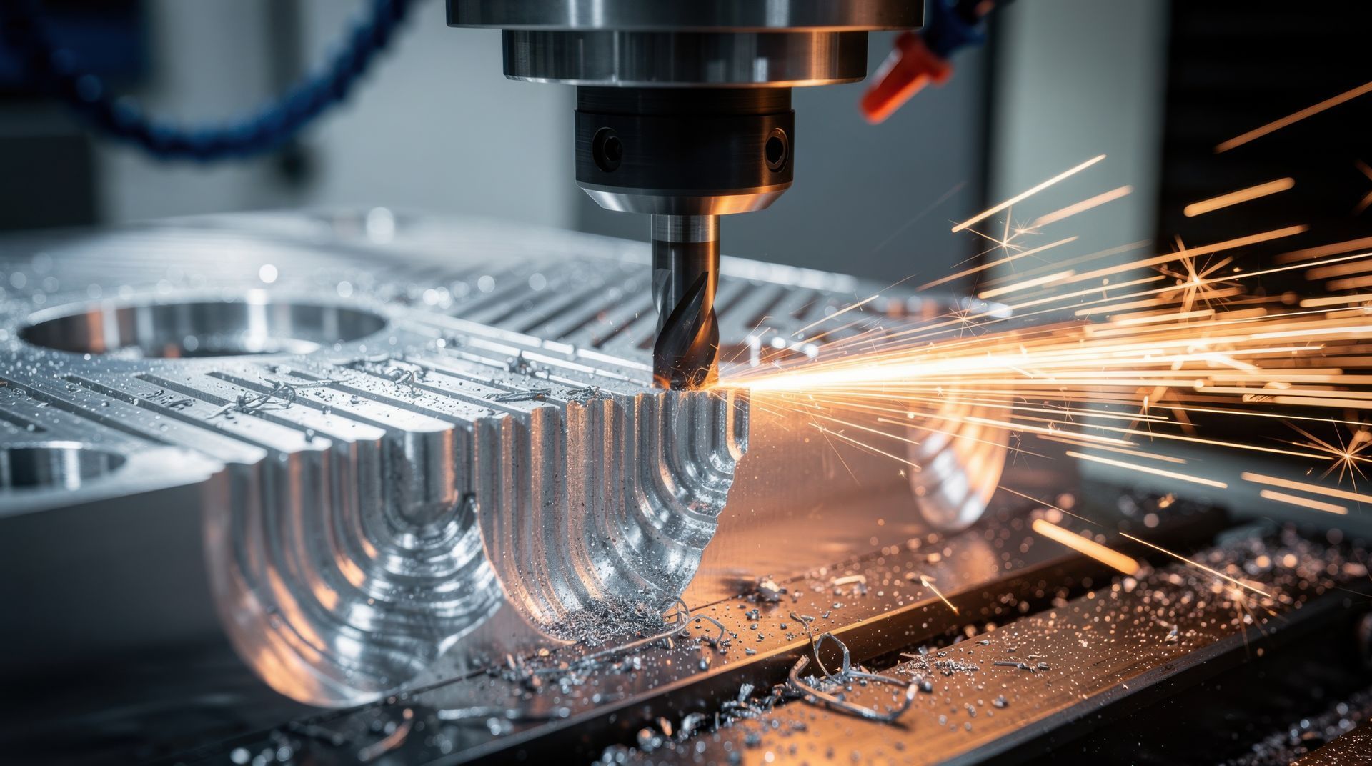 Une machine découpe du métal en projetant des étincelles dans un atelier de précision.