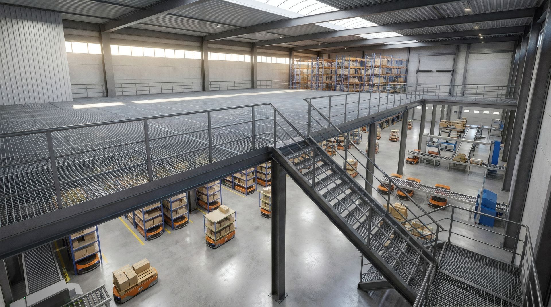 Intérieur d’un grand entrepôt avec une mezzanine métallique.
