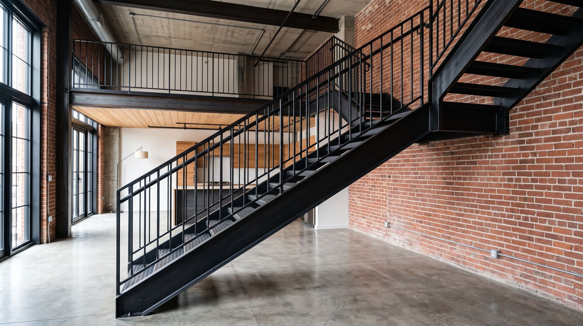Intérieur industriel moderne avec un escalier en métal noir, un mur de briques et un sol en béton.