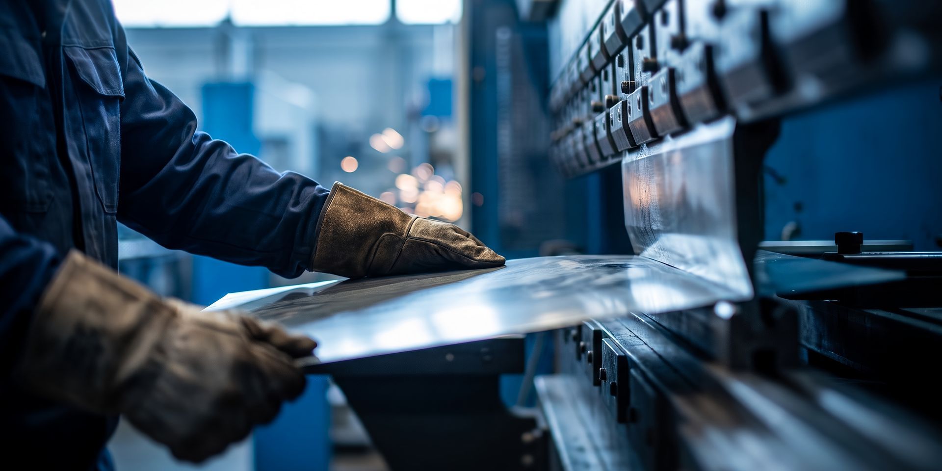 Un ouvrier guidant une plaque de tôle dans une machine industrielle.