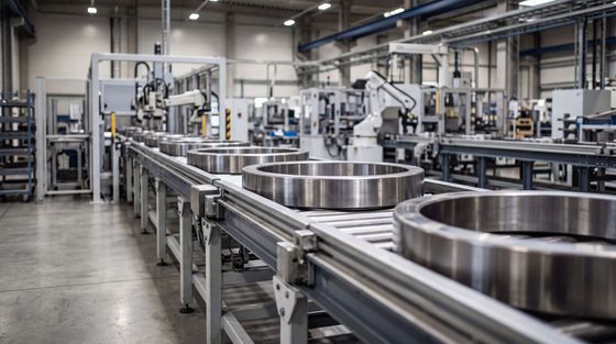 Ligne de production automatisée avec des pièces métalliques circulant dans une usine.