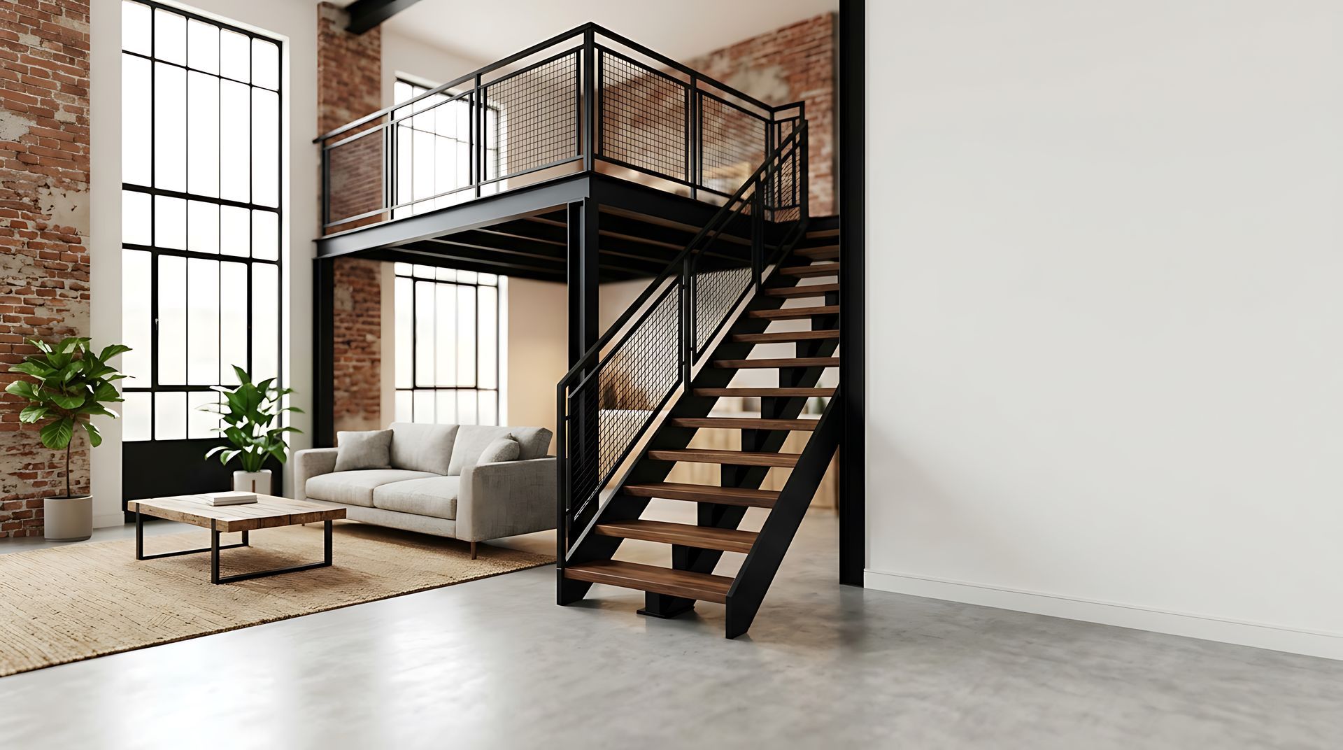 Intérieur de loft moderne avec un escalier en métal noir, une mezzanine, un canapé, un fauteuil et de hautes fenêtres.