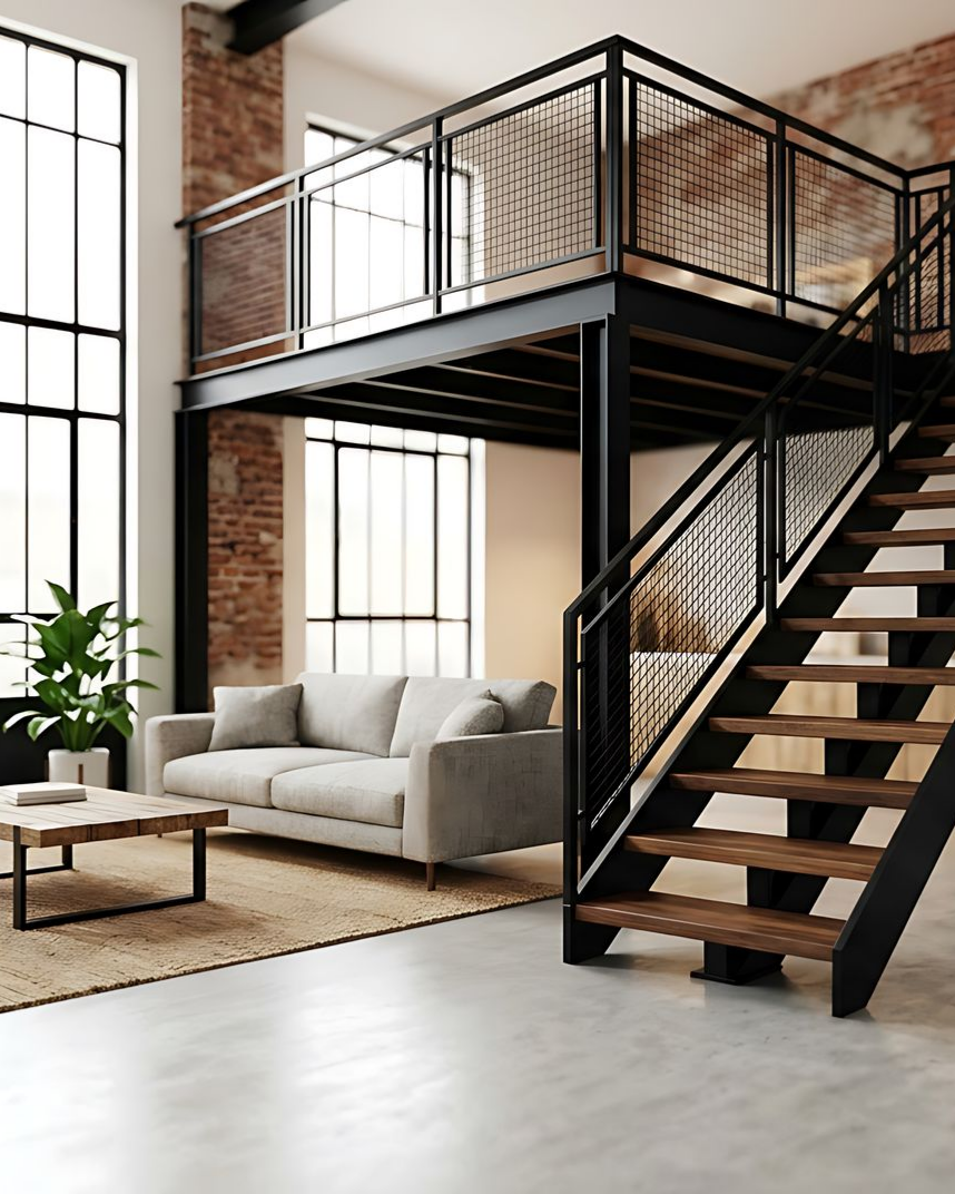 Intérieur de loft moderne avec escalier en métal noir, mezzanine, canapé, grandes fenêtres et mur de briques apparentes.