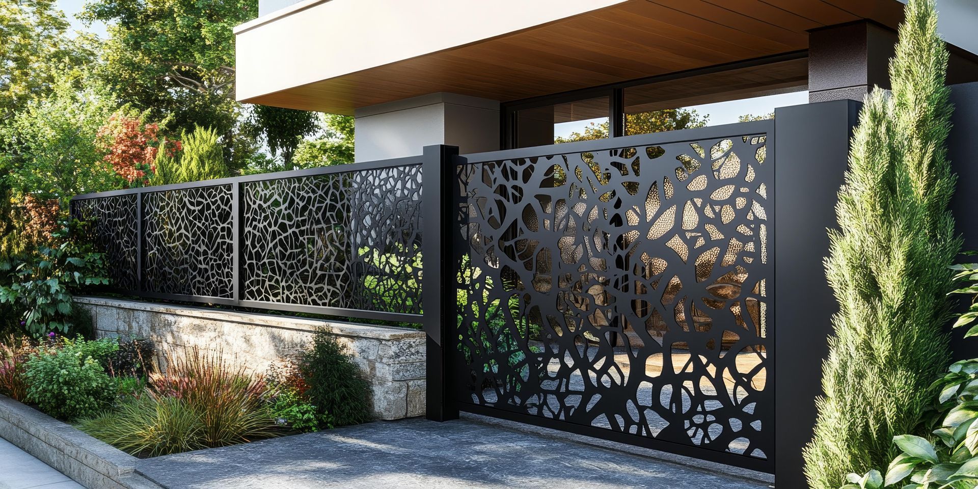 Extérieur d’une maison moderne avec portail et clôture décoratifs en métal noir, des touches de bois et une végétation paysagée.