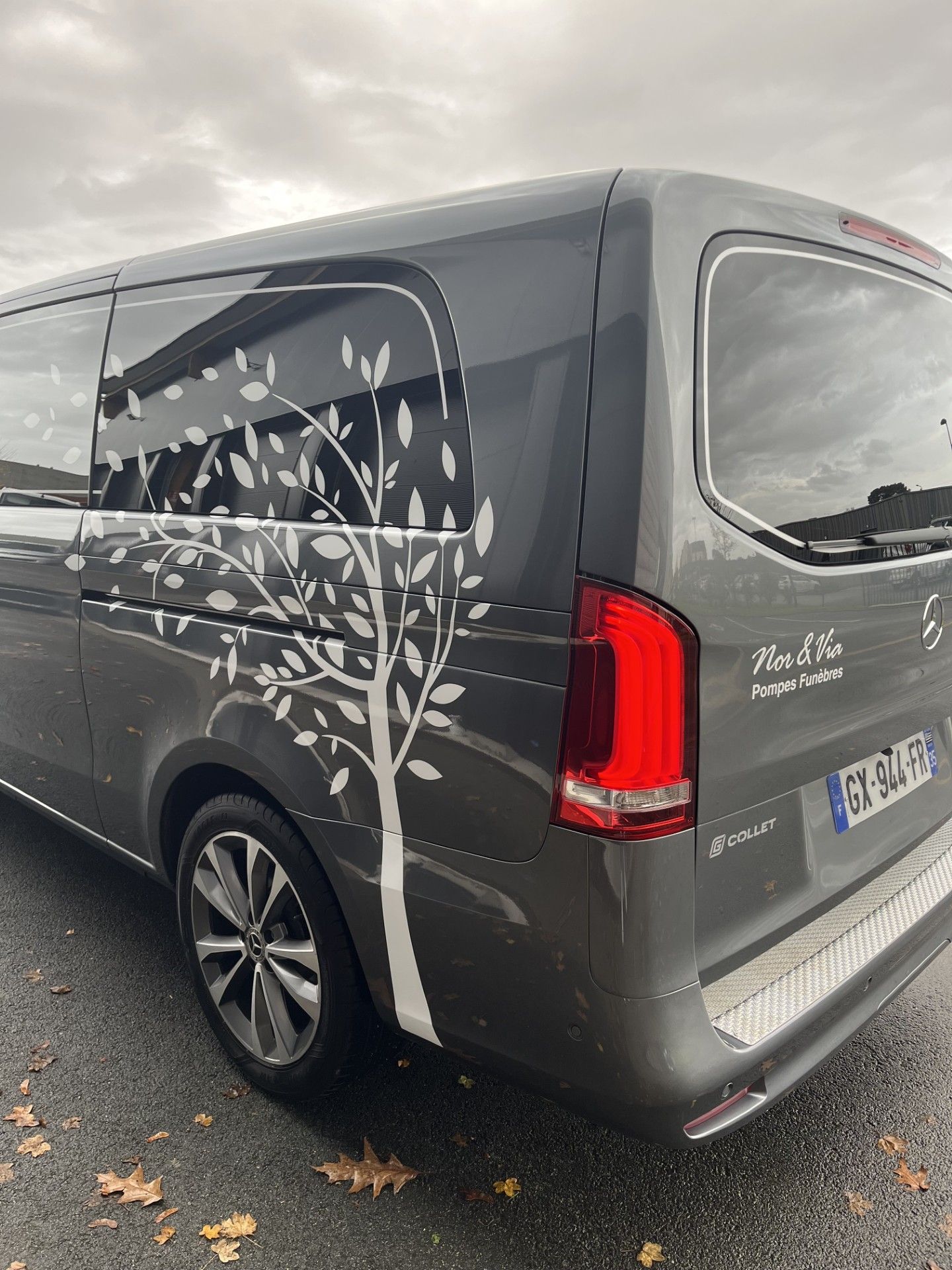 Notre corbillard garé à l'extérieur, orné d'un autocollant blanc stylisé représentant un arbre sur son panneau latéral.
