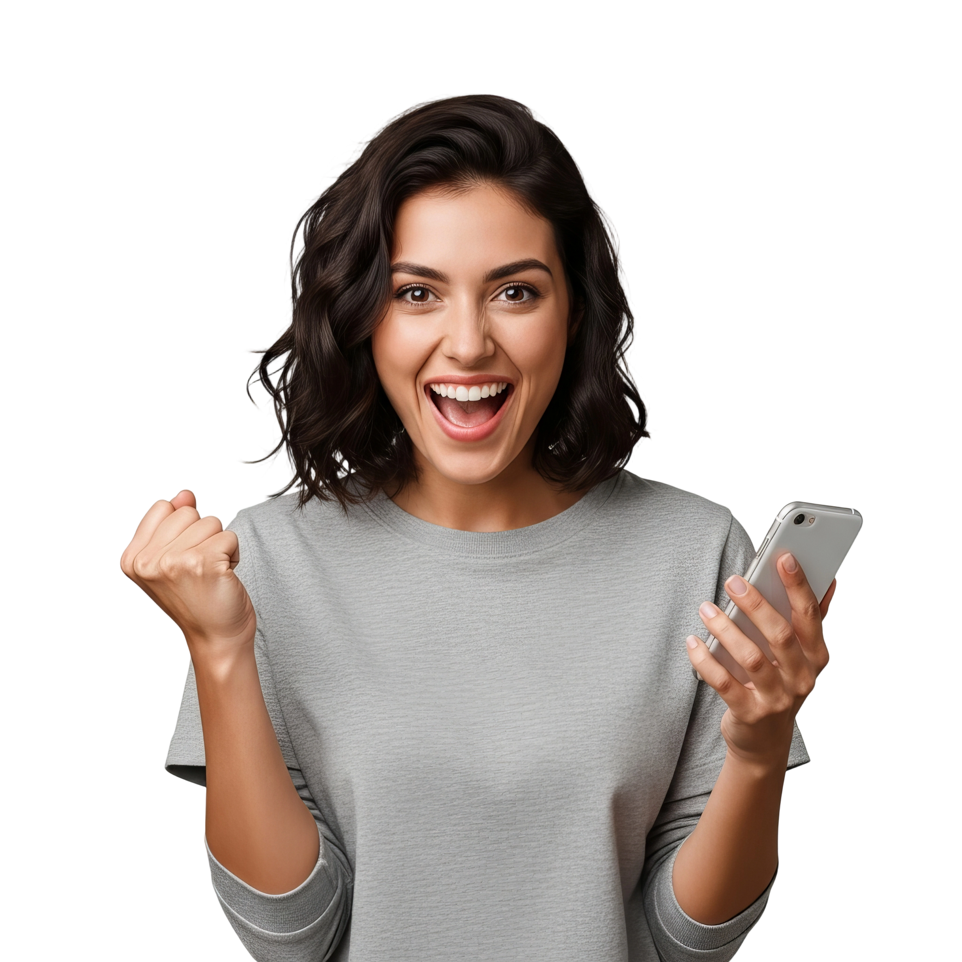 Femme tenant un téléphone, avec le poing serré et la bouche ouverte.