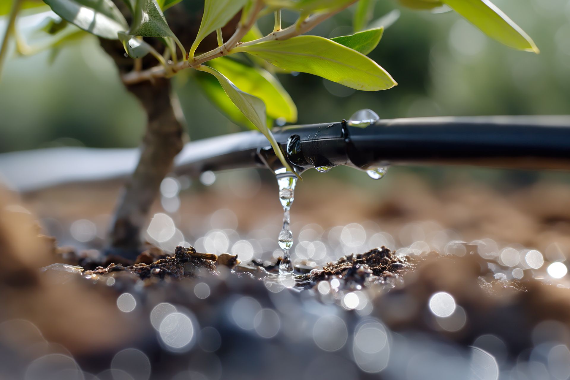 Tuyau d'irrigation au pied d'une plante