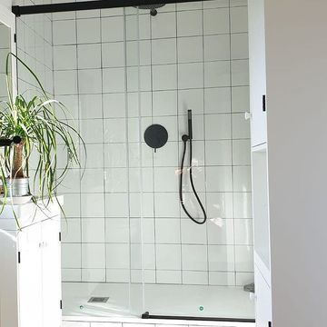 Un baño con puerta de ducha corrediza de cristal y una planta.