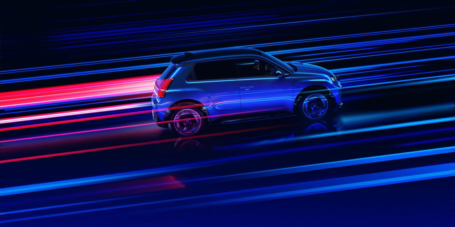 Une voiture bleue roule dans une rue au néon la nuit.