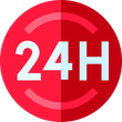 Cercle rouge avec une icône « 24H », indiquant une disponibilité 24 heures sur 24.