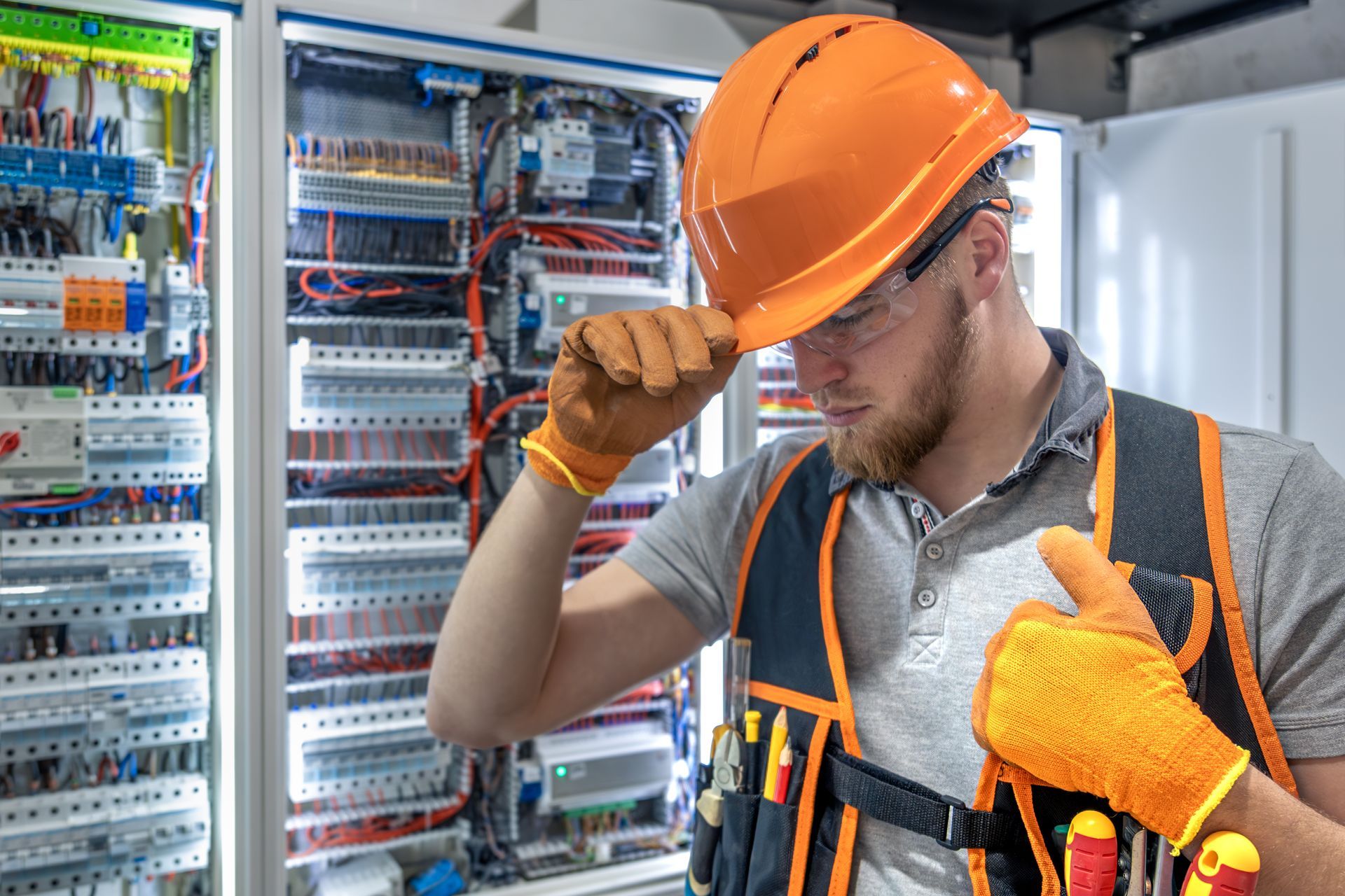 Électricien portant un casque et des gants orange examinant le câblage dans un panneau.