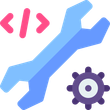 Clé avec symbole de code et engrenage, représentant le développement et les paramètres.