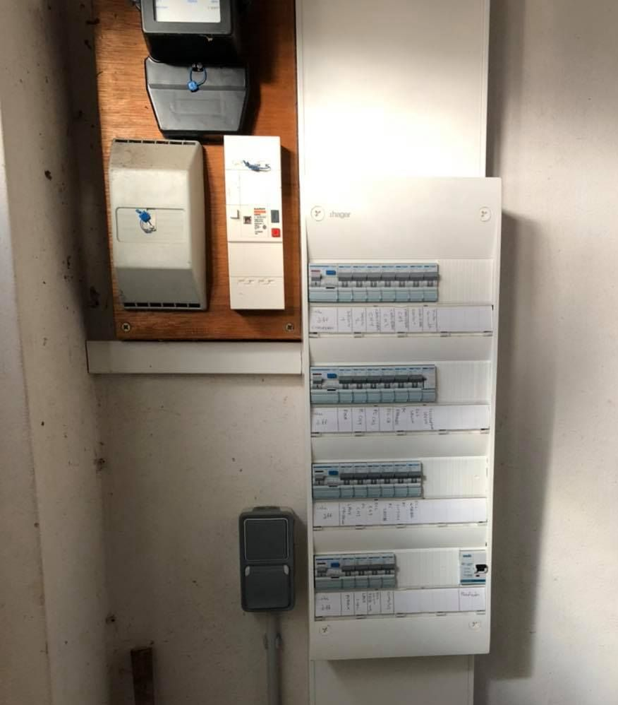 Tableau électrique mural avec disjoncteurs et compteurs. Boîtiers blancs, interrupteurs et fils gris.