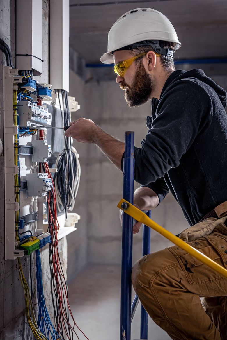 Électricien travaillant sur un panneau, portant un casque et des lunettes de sécurité.