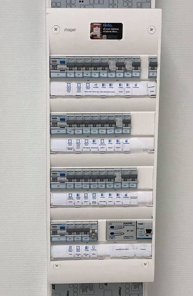 Panneau électrique blanc avec rangées de disjoncteurs, monté sur un mur blanc.