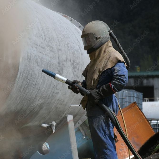 Ein Mann mit Helm sandstrahlt einen großen Tank