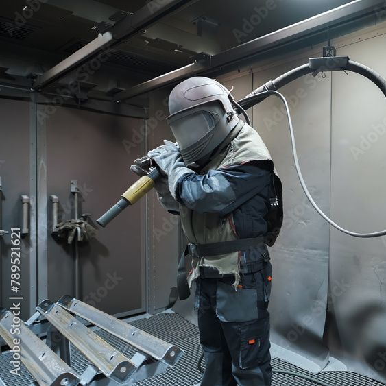 Ein Mann trägt einen Helm und bedient ein Sandstrahlgerät.