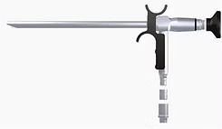 Instrumento artroscópico médico, prateado com empunhadura preta, para cirurgia articular minimamente invasiva.