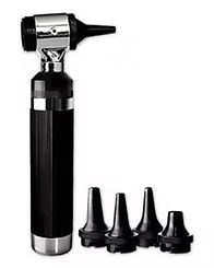 Um otoscópio com múltiplos espéculos pretos.