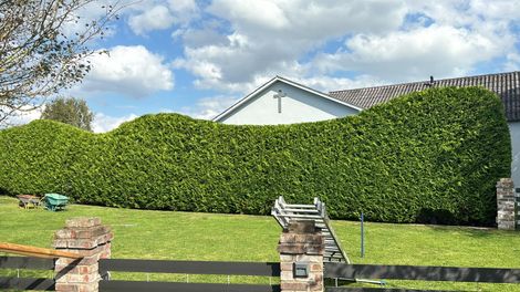 Eine große Hecke vor einem Haus mit einem Kreuz auf dem Dach.