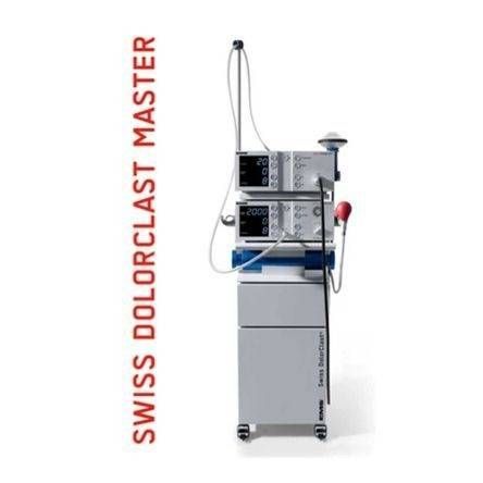 Dispositif médical suisse DolorClast Master sur roues, armoire grise avec deux unités de commande et applicateur rouge.