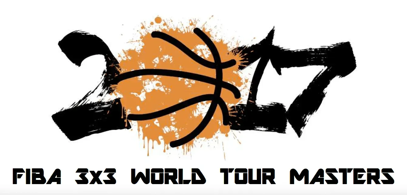 Logo du FIBA ​​3x3 World Tour Masters 2017 représentant un ballon de basket-ball éclaboussé de peinture orange.