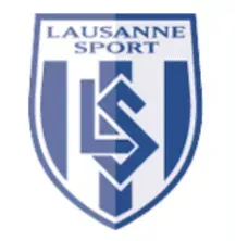 Logo de Lausanne Sport : écusson blanc à rayures bleues et monogramme « LS ». Inscription « LAUSANNE SPORT » en bleu en haut.