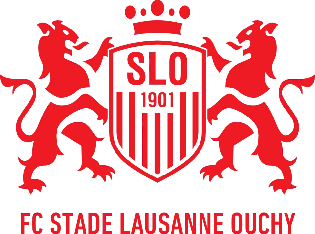 Logo Ouchy du FC Stade Lausanne rouge avec deux lions, écusson avec « SLO 1901 » en rouge.