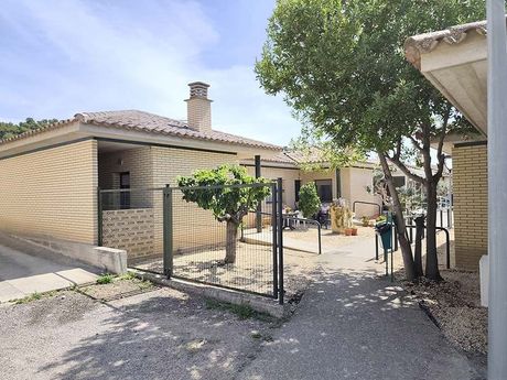 Patio con casas de ladrillo, un árbol y un sendero cercado en un día soleado.