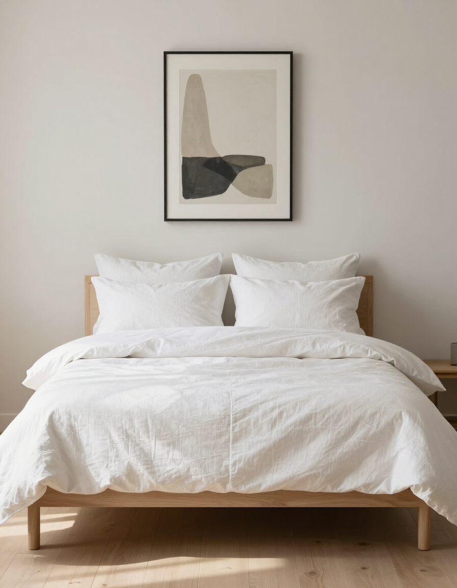 Dormitorio minimalista con cama blanca, arte abstracto enmarcado y decoración suave en tonos neutros.
