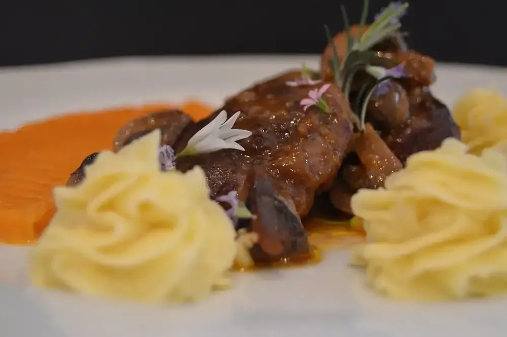 Plato de carne estofada con puré de patatas y zanahorias en rodajas, adornado con hierbas.