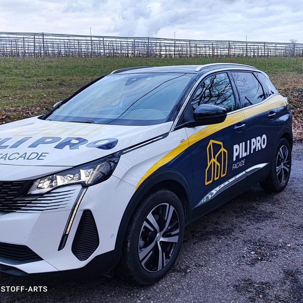 Un SUV Peugeot blanc et bleu foncé, portant l'inscription PILI PRO, est garé sur un chemin de gravier près d'un champ.